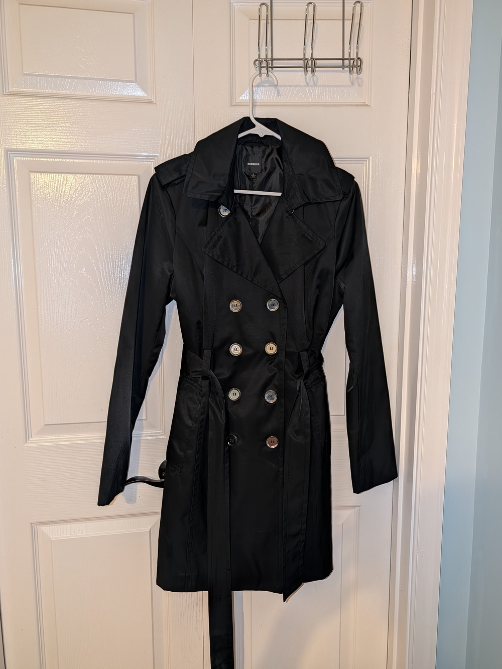 Express Black Double-Breasted Trench Coat with Belt